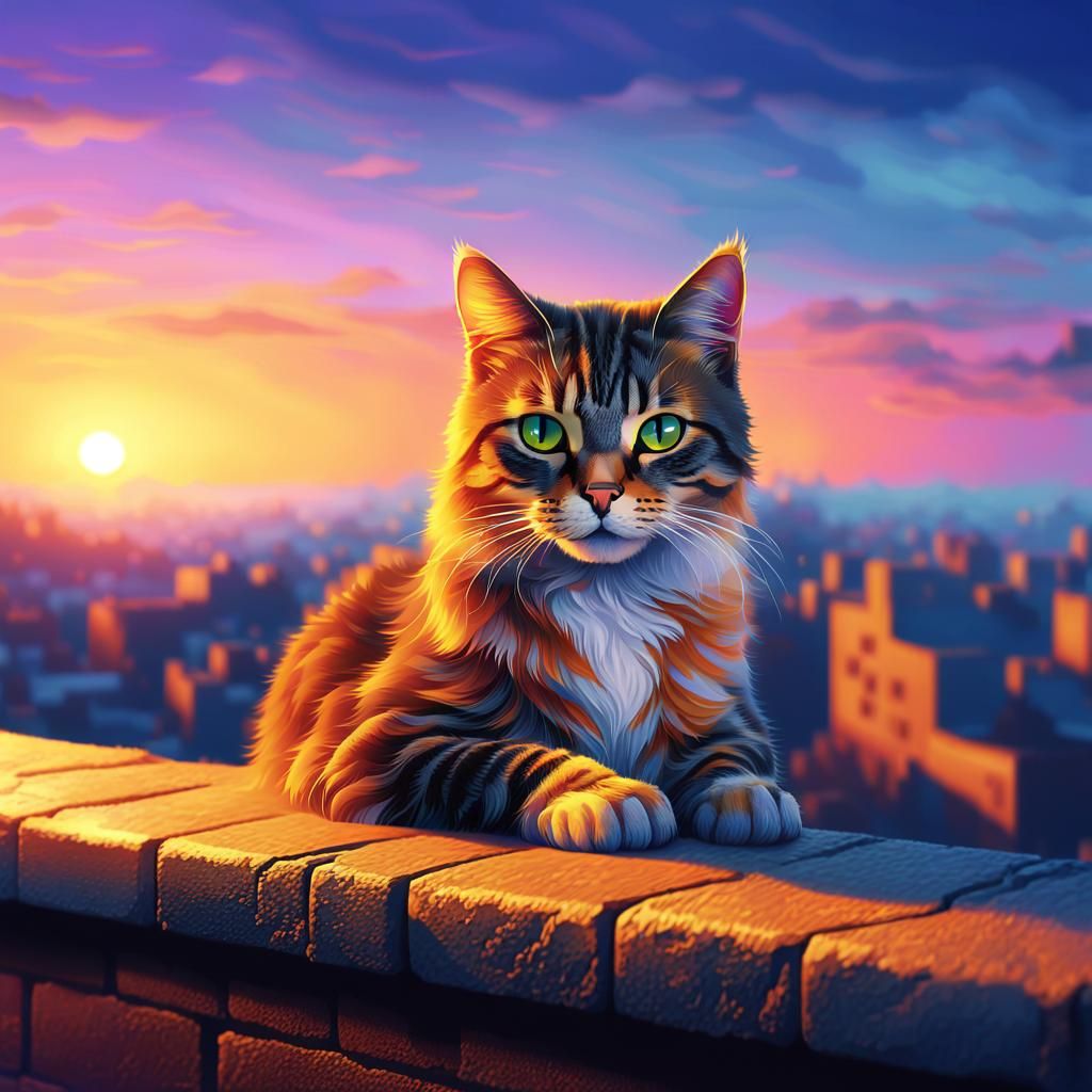 Pixel Art Cat on Ledge at Sunset