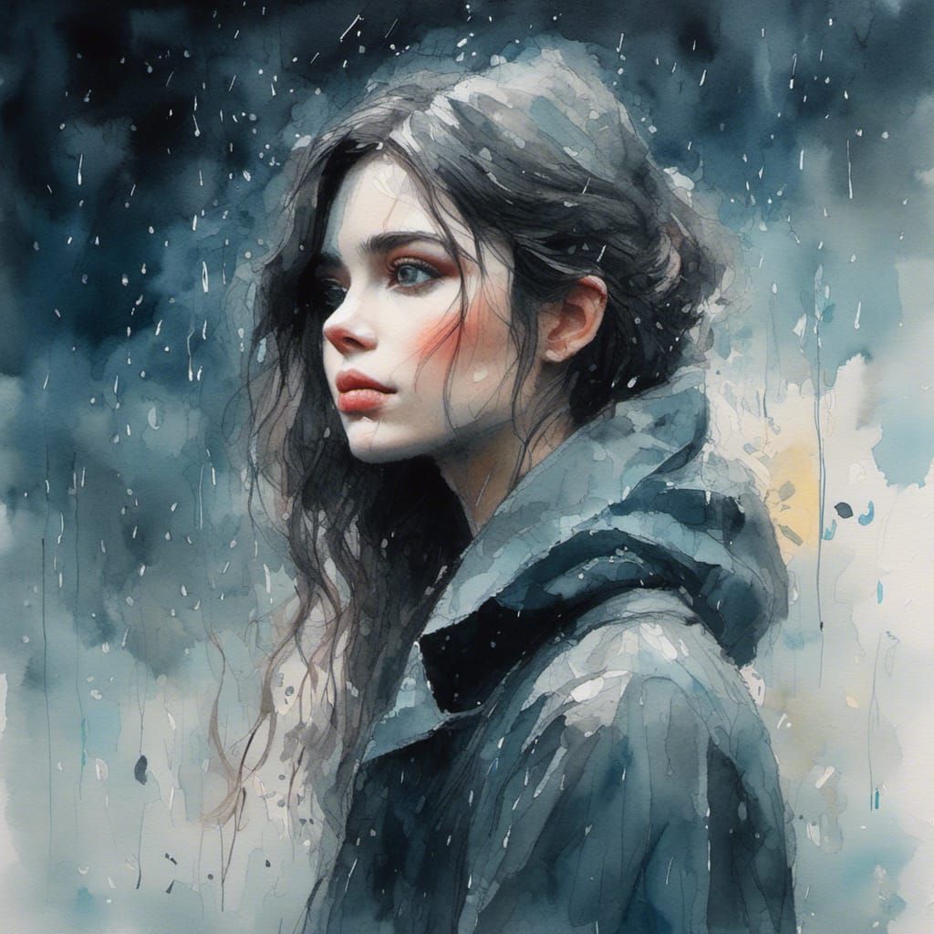 Moody Watercolor Portrait of Woman in Rain