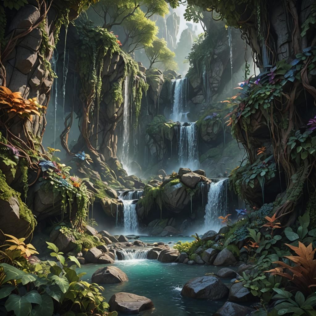 crystal forest; waterfalls rocks leaves vines