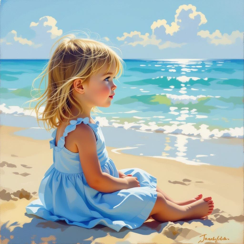 Young Girl in Blue Dress on Beach at Golden Hour