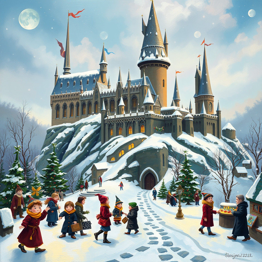 Whimsical Hogwarts Winter Scene in Oil Painting Style