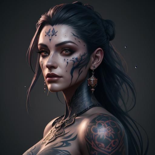 Tattooed Girl's Face: Detailed Fantasy Art