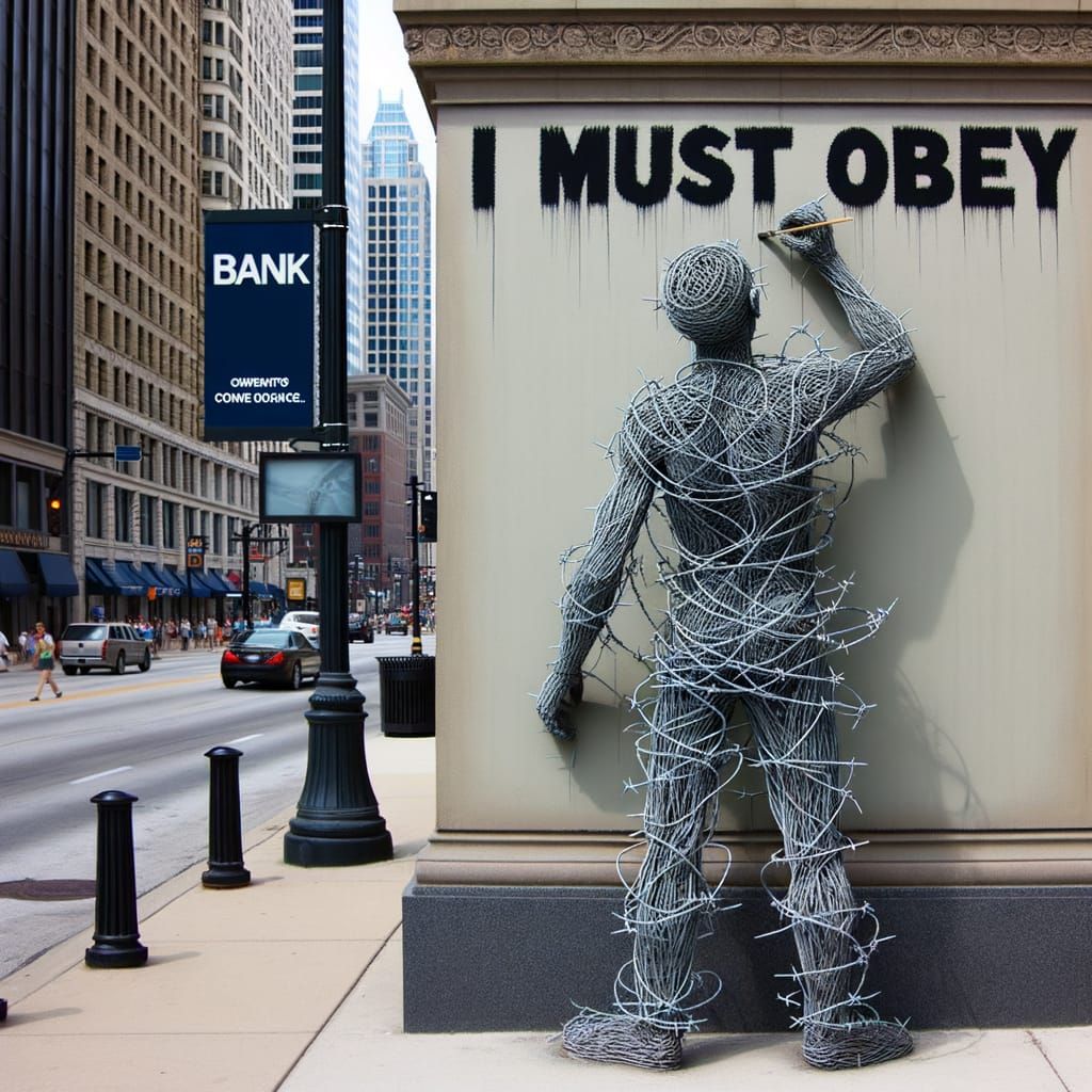 Barbed Wire Man Paints 'I Must Obey' on Bank