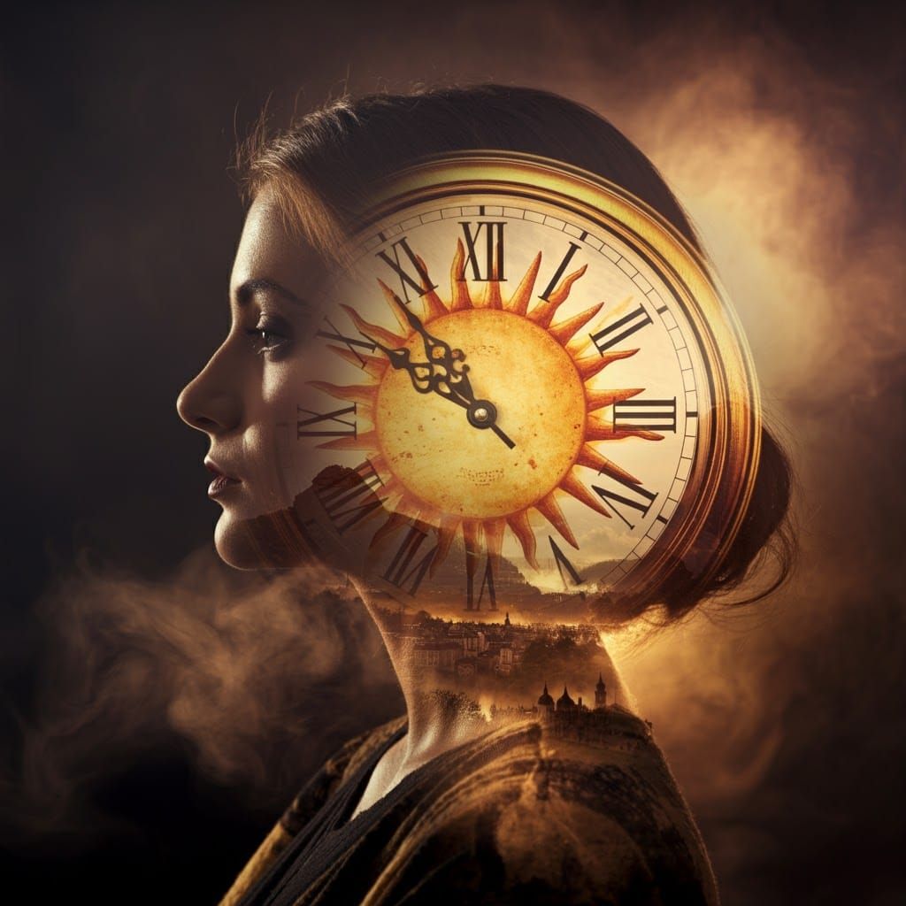 Surreal Double Exposure: Sun-Clock Merging With Woman