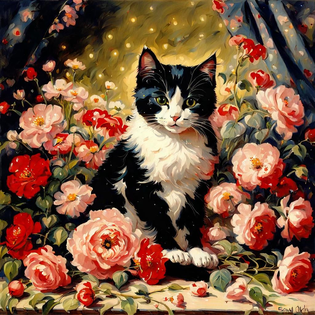Cute Cat Surrounded by Flowers in Art Nouveau Style