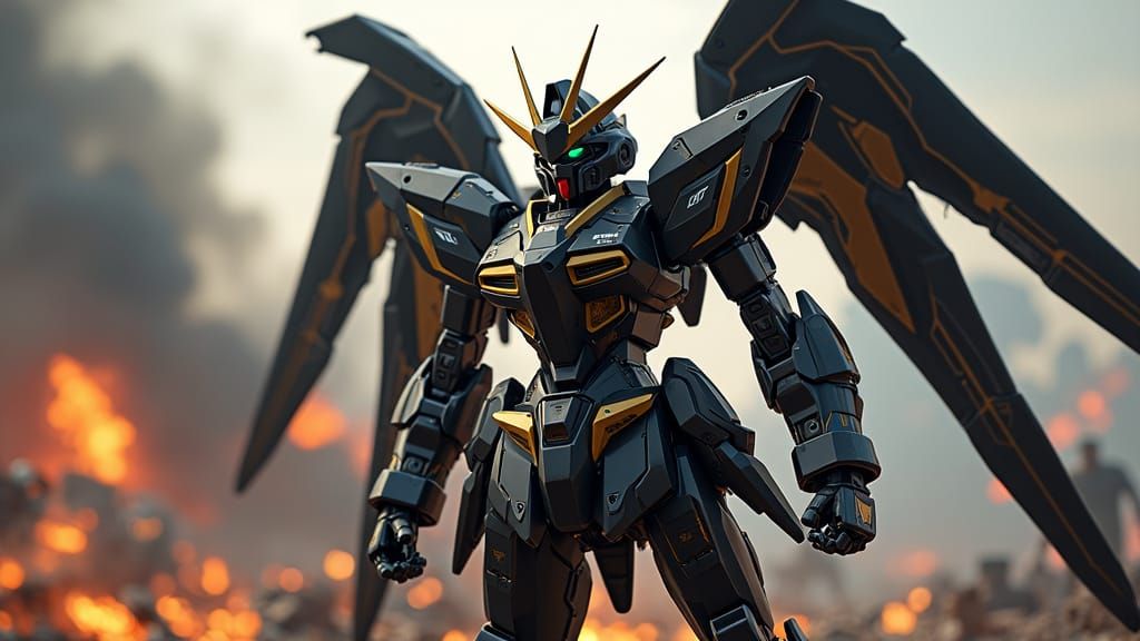 Wing Gundam in Black and Gold, Anime-Style