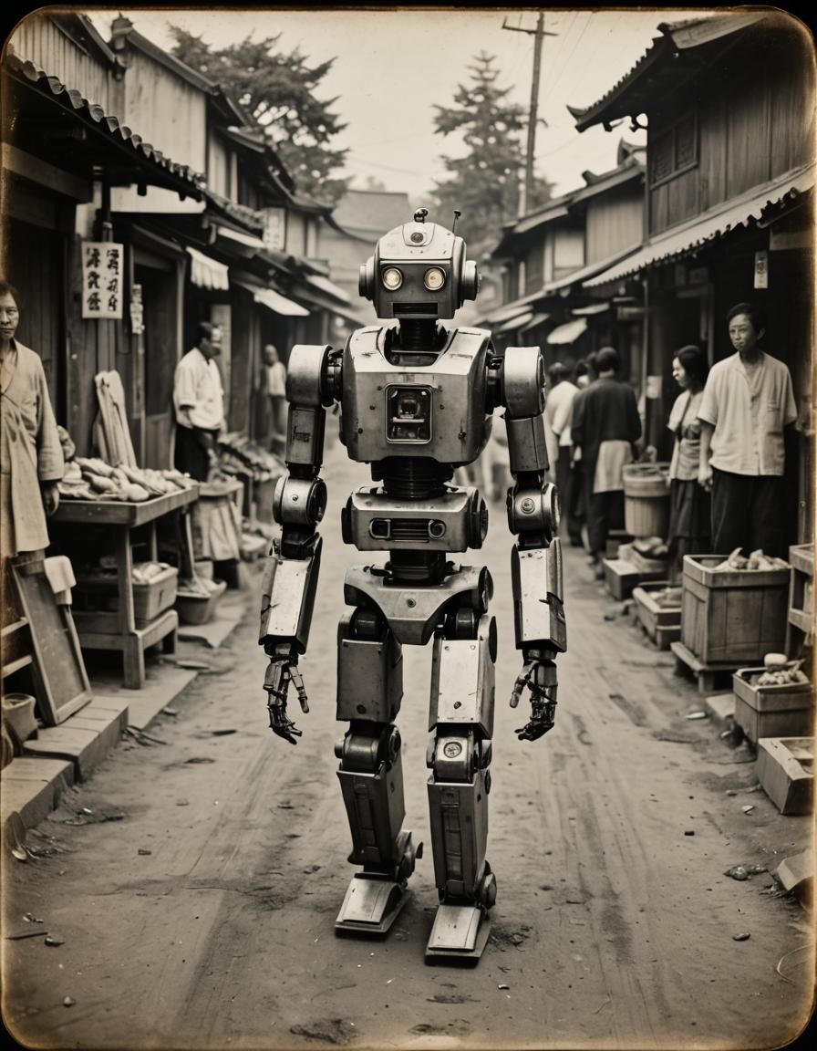 Robot Walks Edo Japan: Vintage Daguerreotype Style