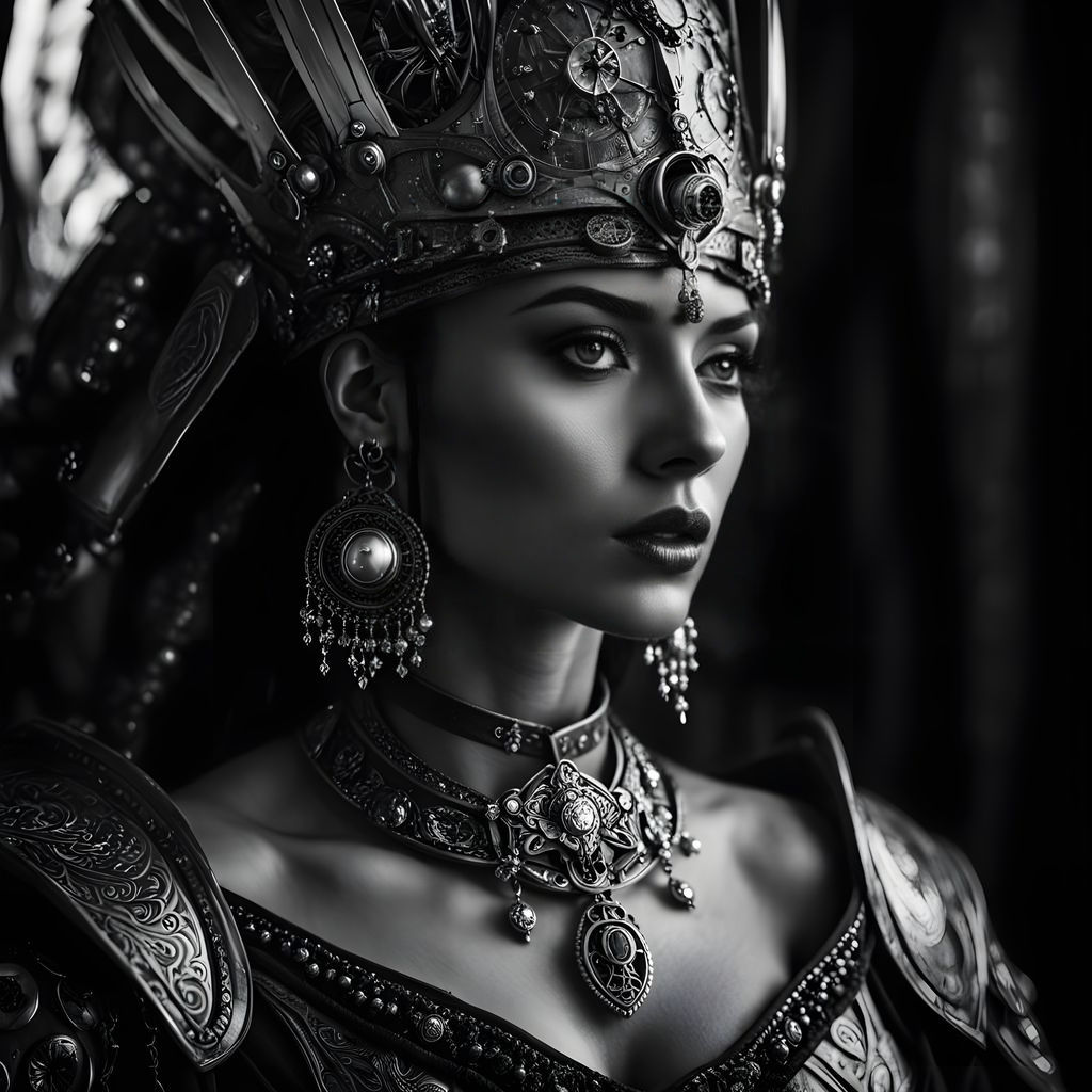 Medieval Warrior and Steampunk Spaceship: Black and White Po...