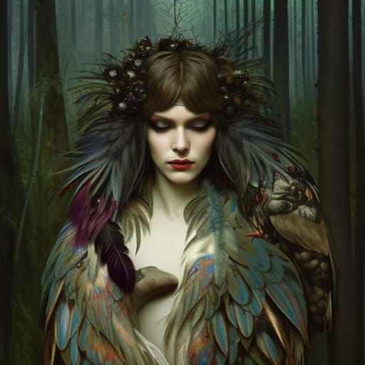 Shocked Raven-Woman with Feathers in Fantasy Splash Art