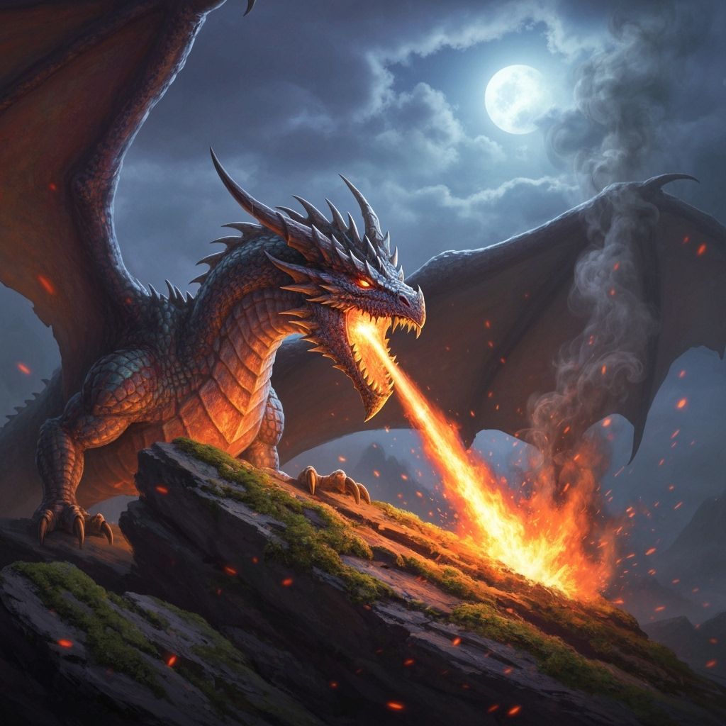 Majestic Dragon Breathes Fire on Fantasy Rock