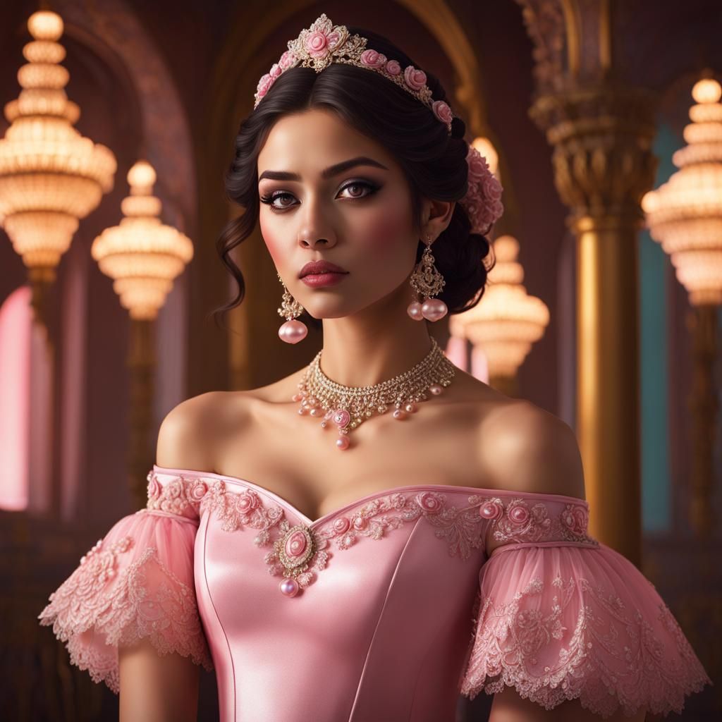 Teenage Girl in Pink Pearl Gown, Detailed Portrait