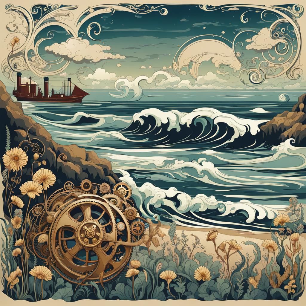 Art Nouveau Ocean Waves with Steampunk Engine