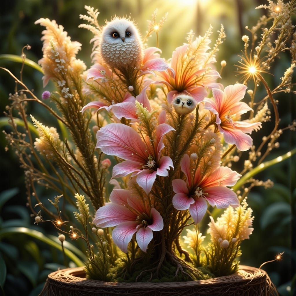 Floral Owl Collection on Root Shelves, Alcohol Ink Style