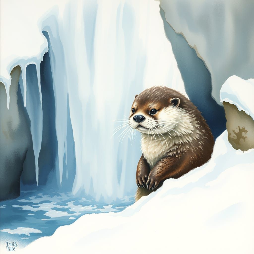 Whimsical Otter Peers from Winter Wonderland in Delicate Wat...