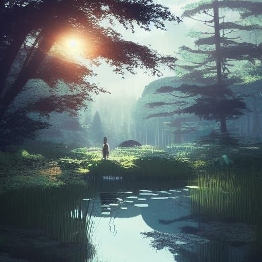 Tranquil Forest Pond: Studio Ghibli Anime Art