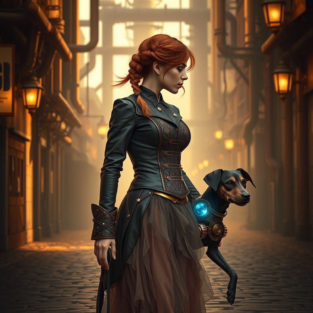 Auburn Haired Woman Strolls Through Steam-Punk Metropolis wi...