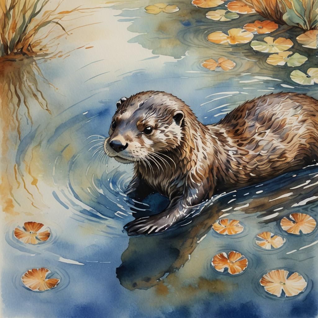 Otter Playing in River: A Watercolor Painting