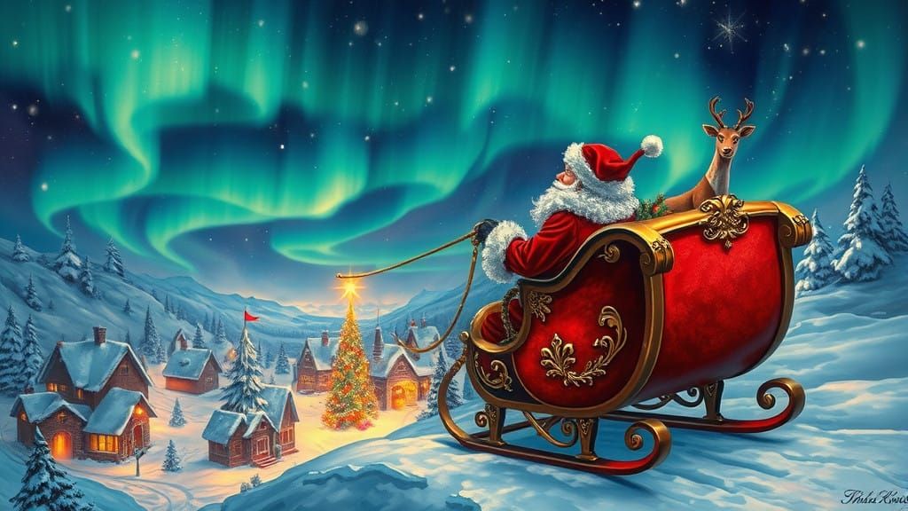 Magical Christmas Scene Under Vibrant Northern Lights