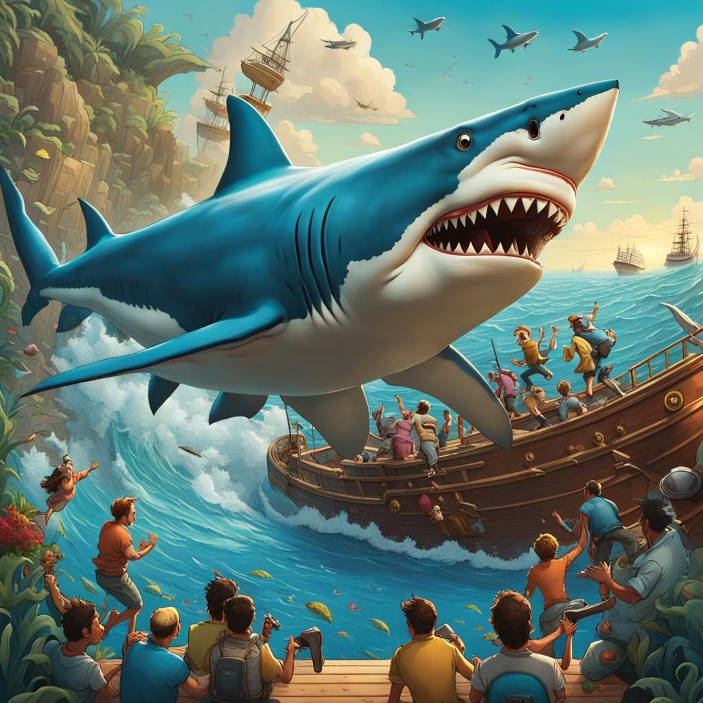 Humorous Shark Caricature Jumping Toward a Ship