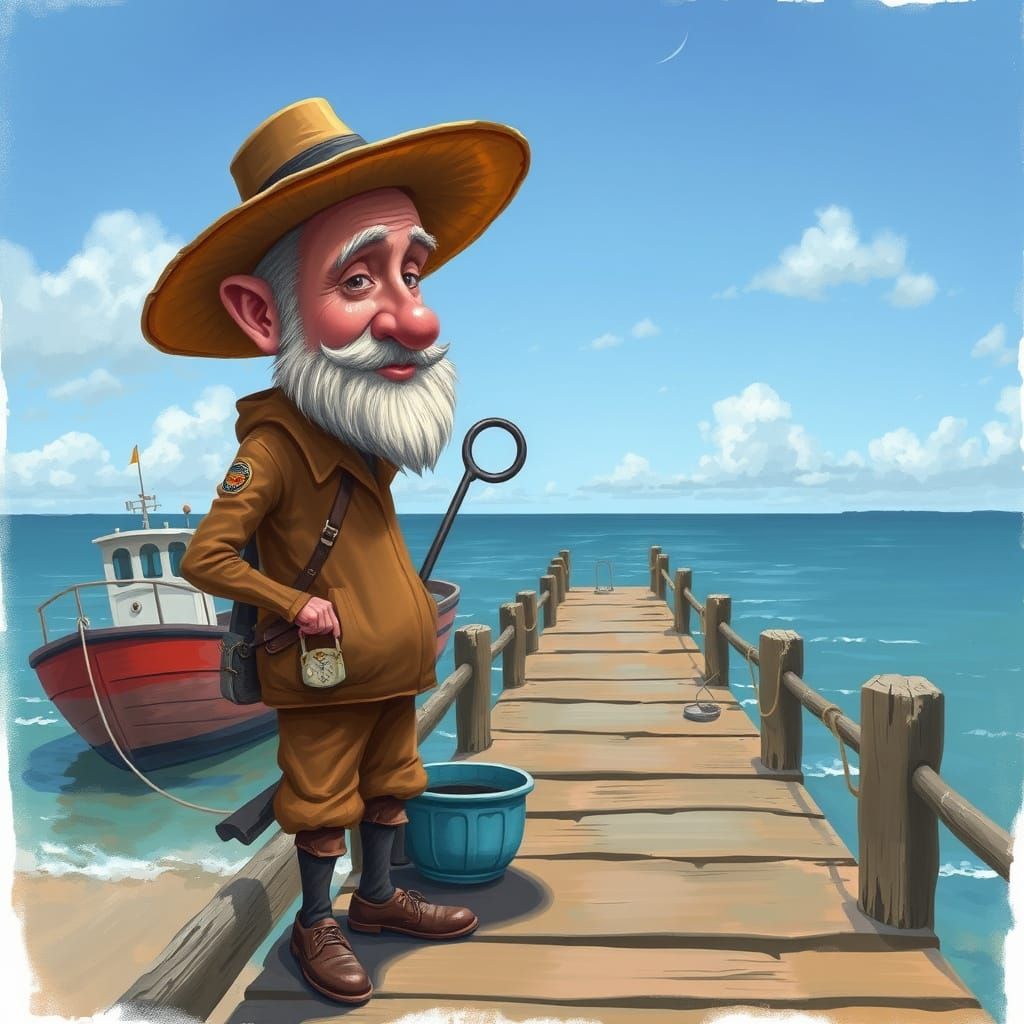 Humorous Fisherman Caricature on Dock