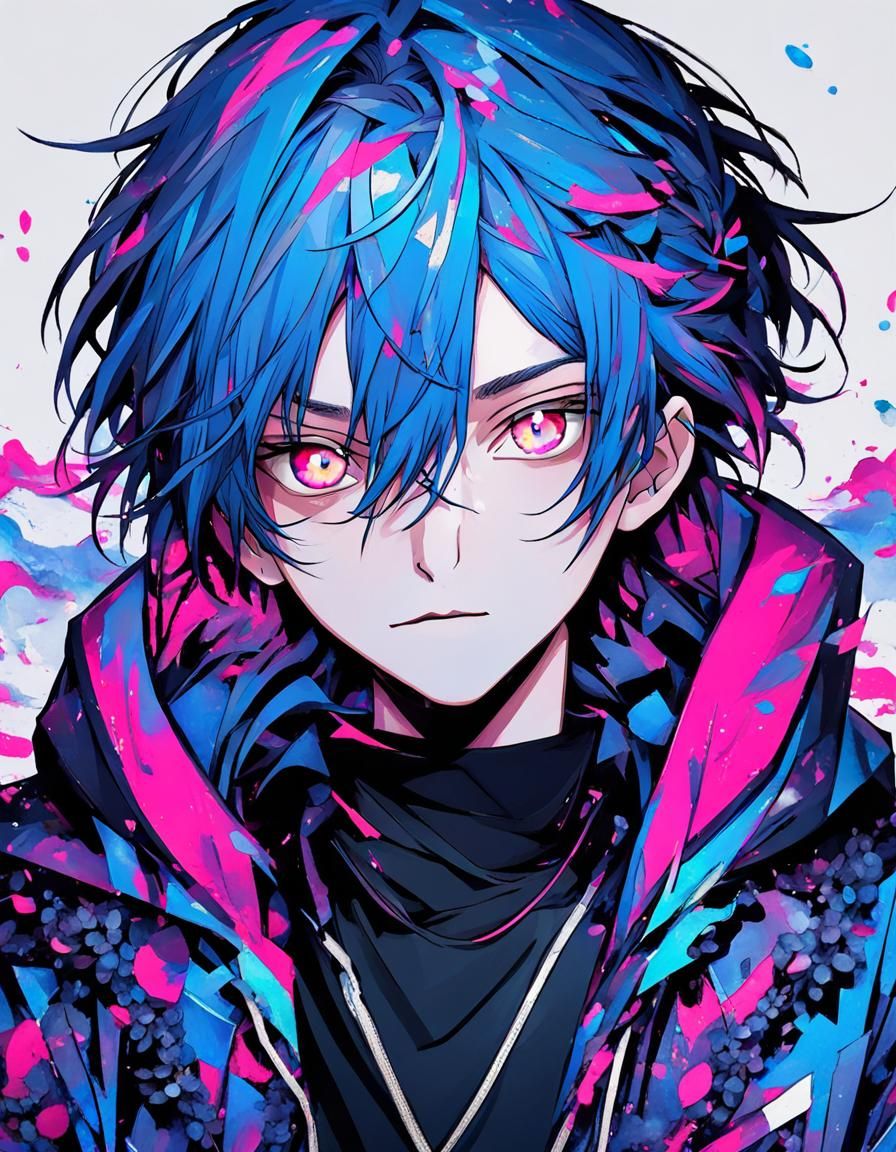 Boy with Blue Hair and Pink Eyes