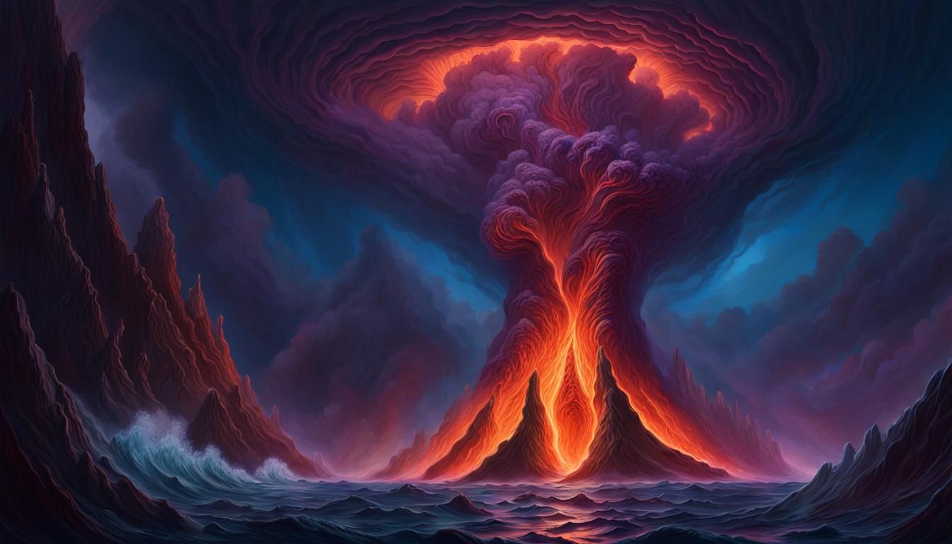 underwater volcano erupting, deep colors, intricate details, hyper realism, cinematic lighting