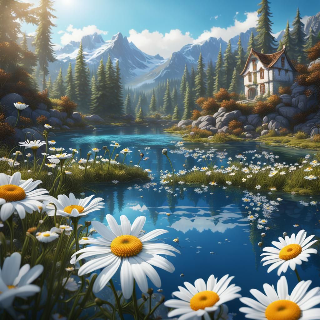 White Daisies by a Blue Lake in Detailed Matte Painting
