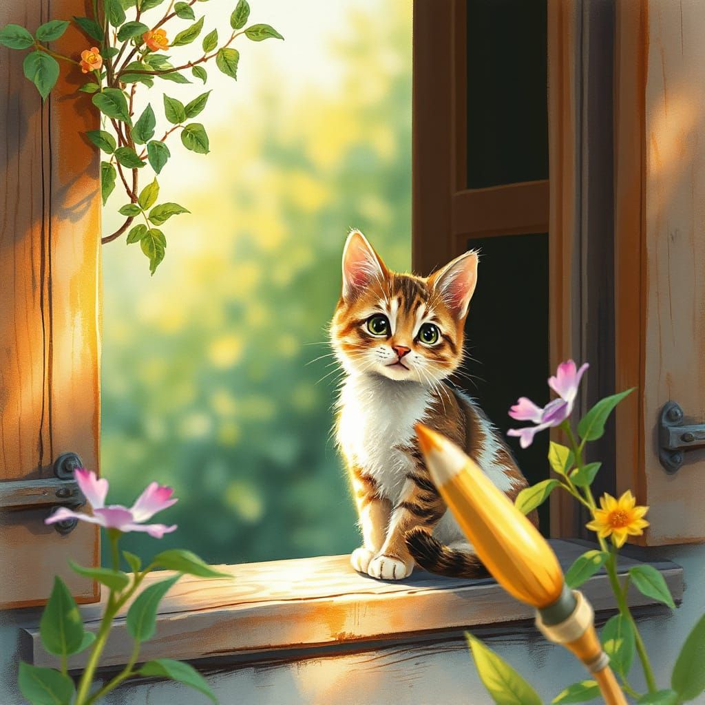 Whimsical Watercolor Cat on a Woodland Windowsill