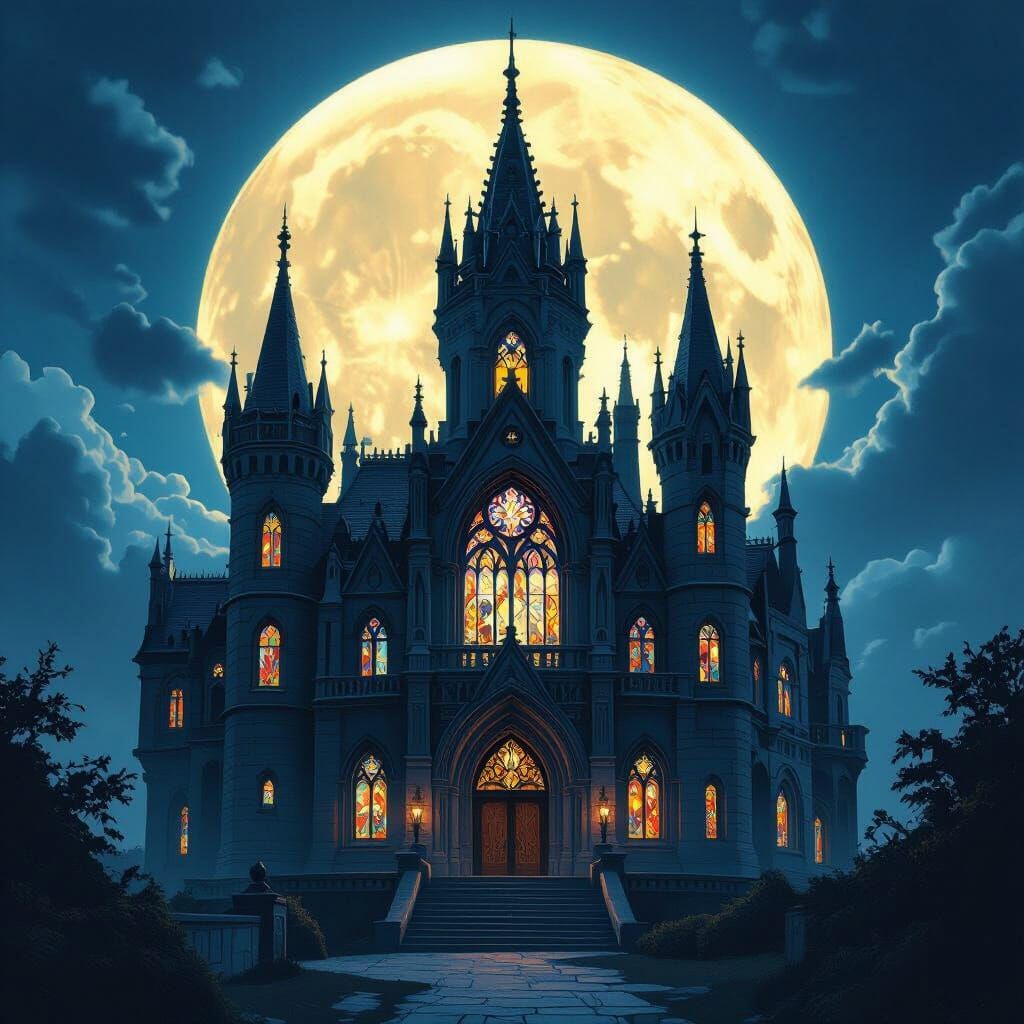 Gothic Castle Under Vibrant Full Moon