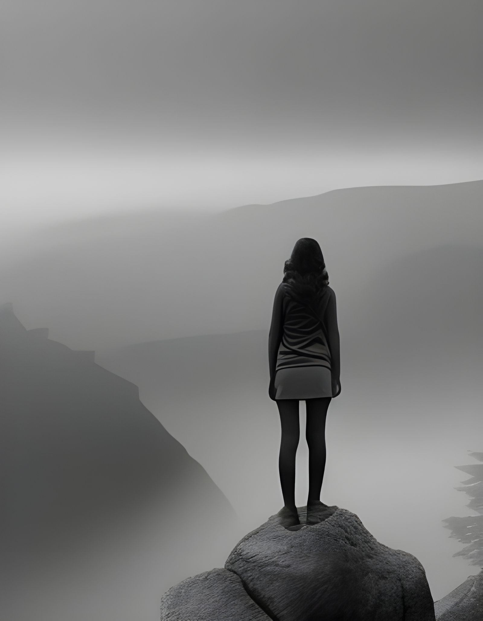 Greyscale Drawing of a Young Girl Afraid of Heights