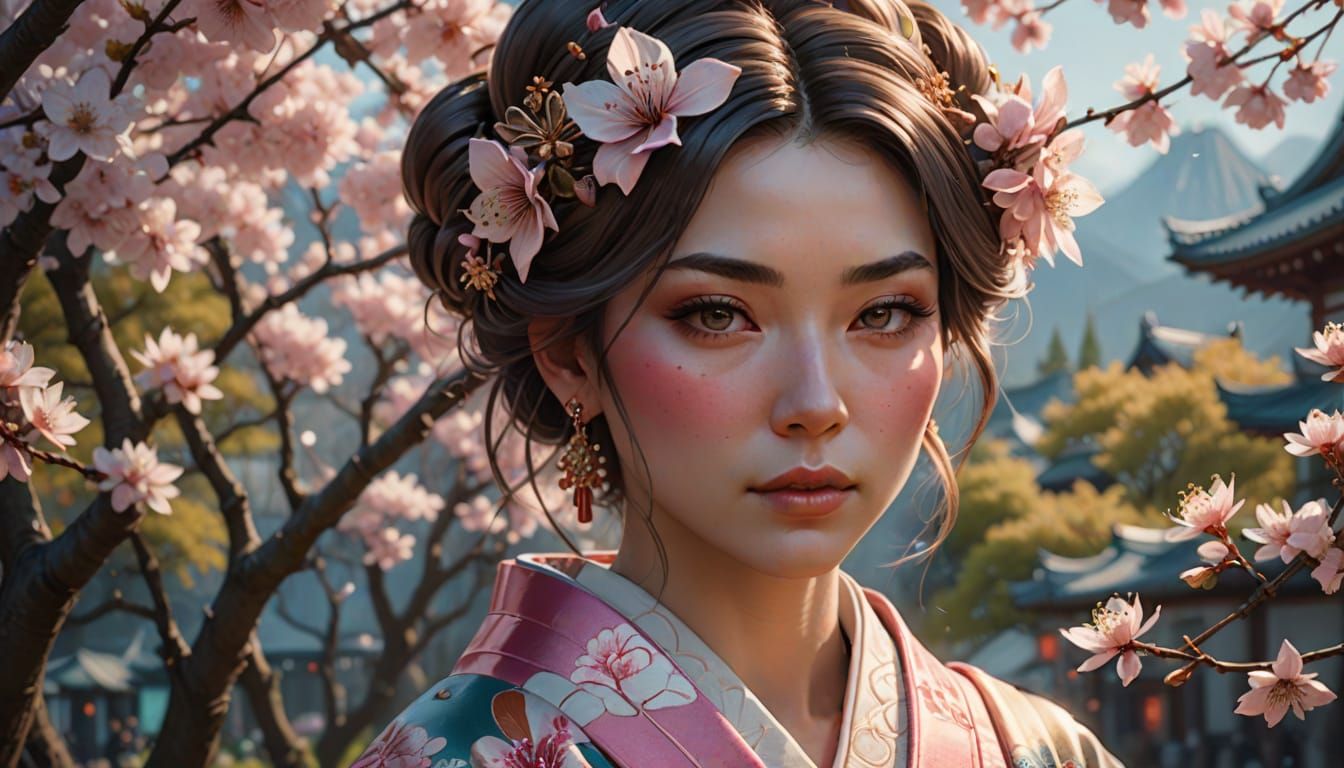 Young Woman in Kimono with Cherry Blossom Background