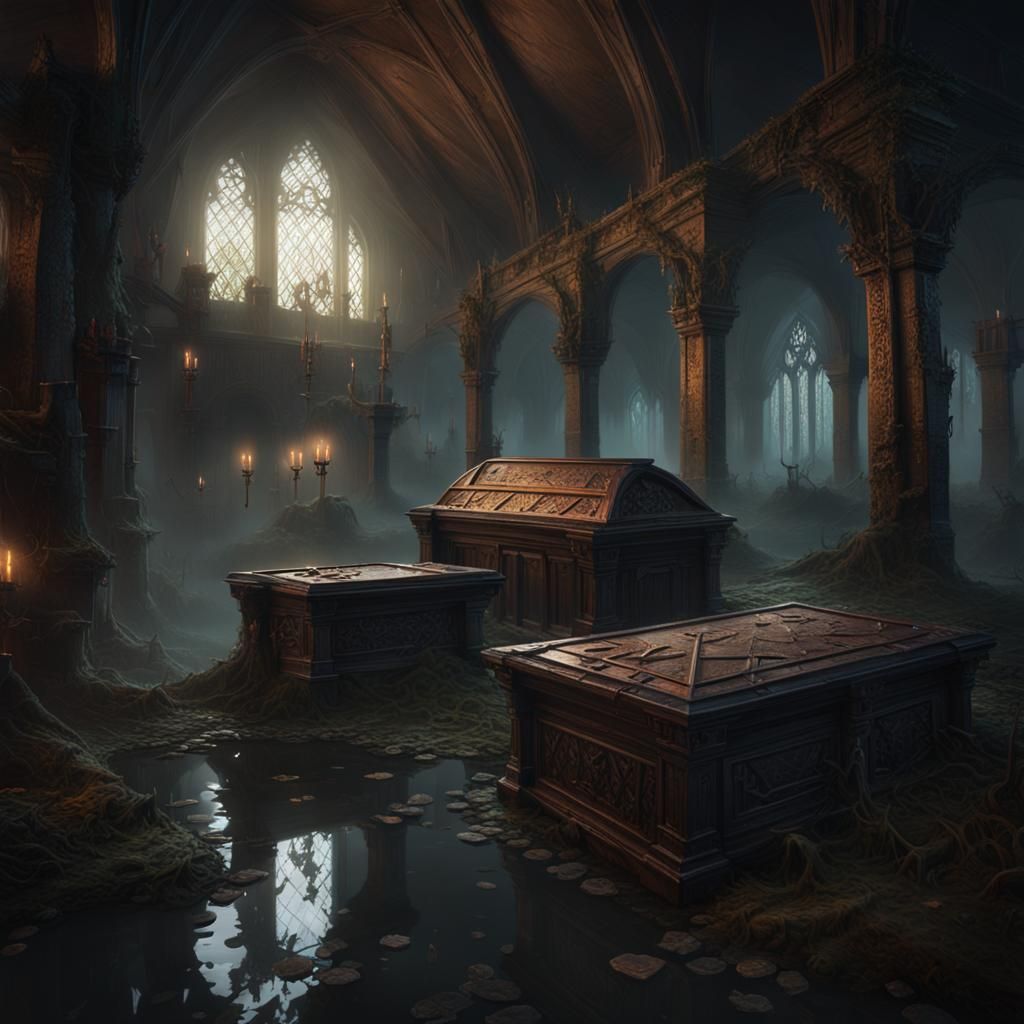 Vampire Crypt in Foggy Swamp: Dark Fantasy Art