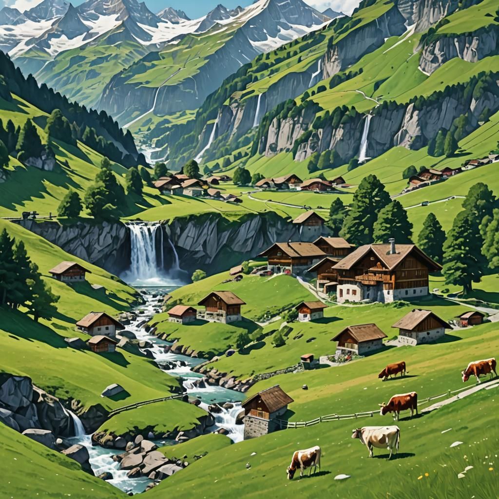 Swiss Alps Waterfall in Photorealistic Style