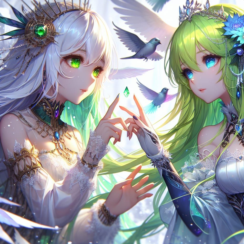 Anime Girls Touch Fingertips in Fantasy Matte Painting