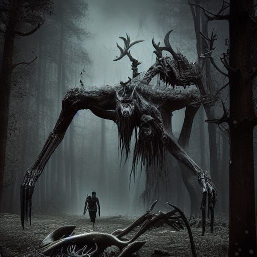 Creepy Wendigo in Dark Fantasy Landscape
