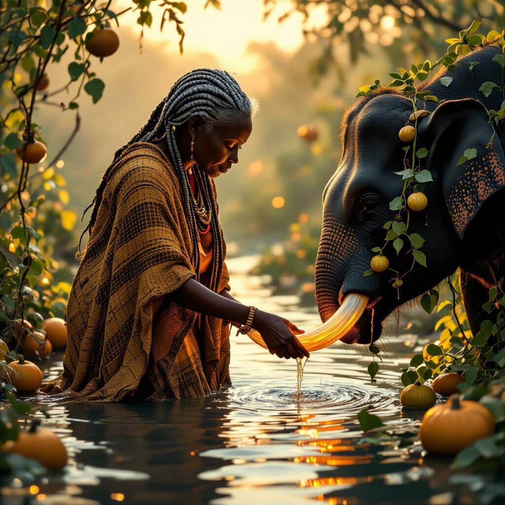 Elderly Woman Touches Glowing Tusk in Golden Light