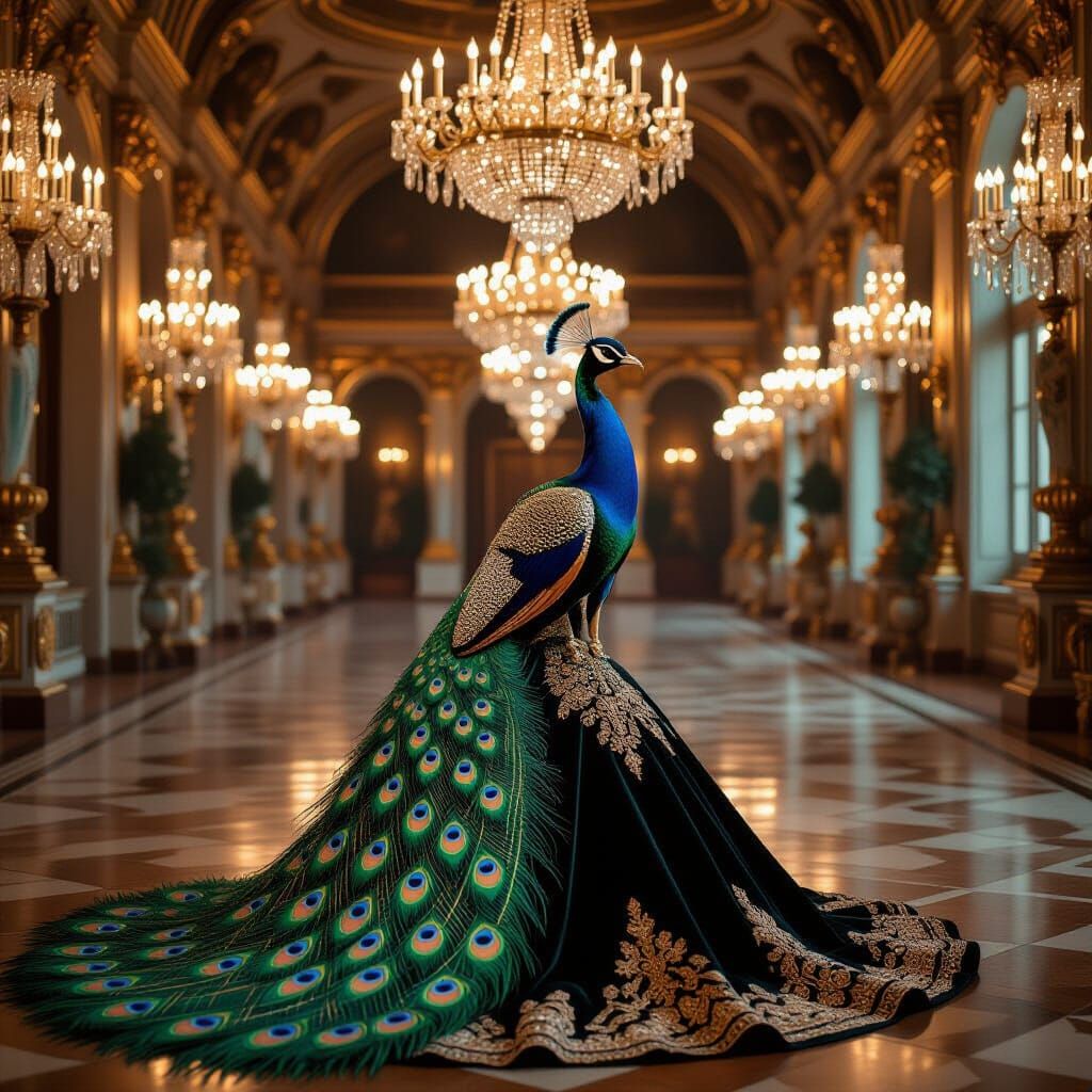 Peacock in Elizabethan Gown in Baroque Ballroom