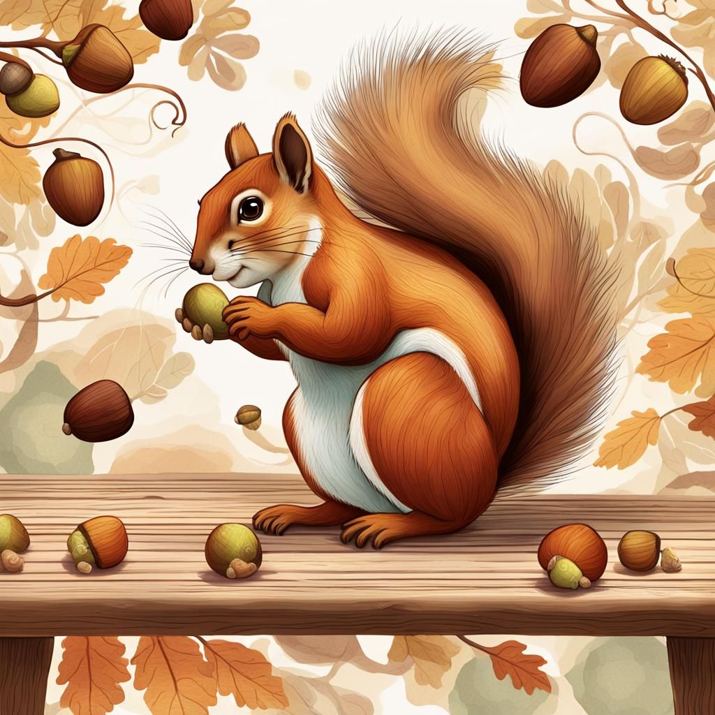 Squirrel Collecting Acorns: Whimsical Digital Art