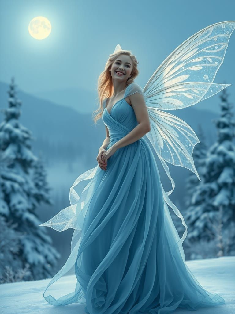 Snow Fairy in Moonlit Winter Landscape