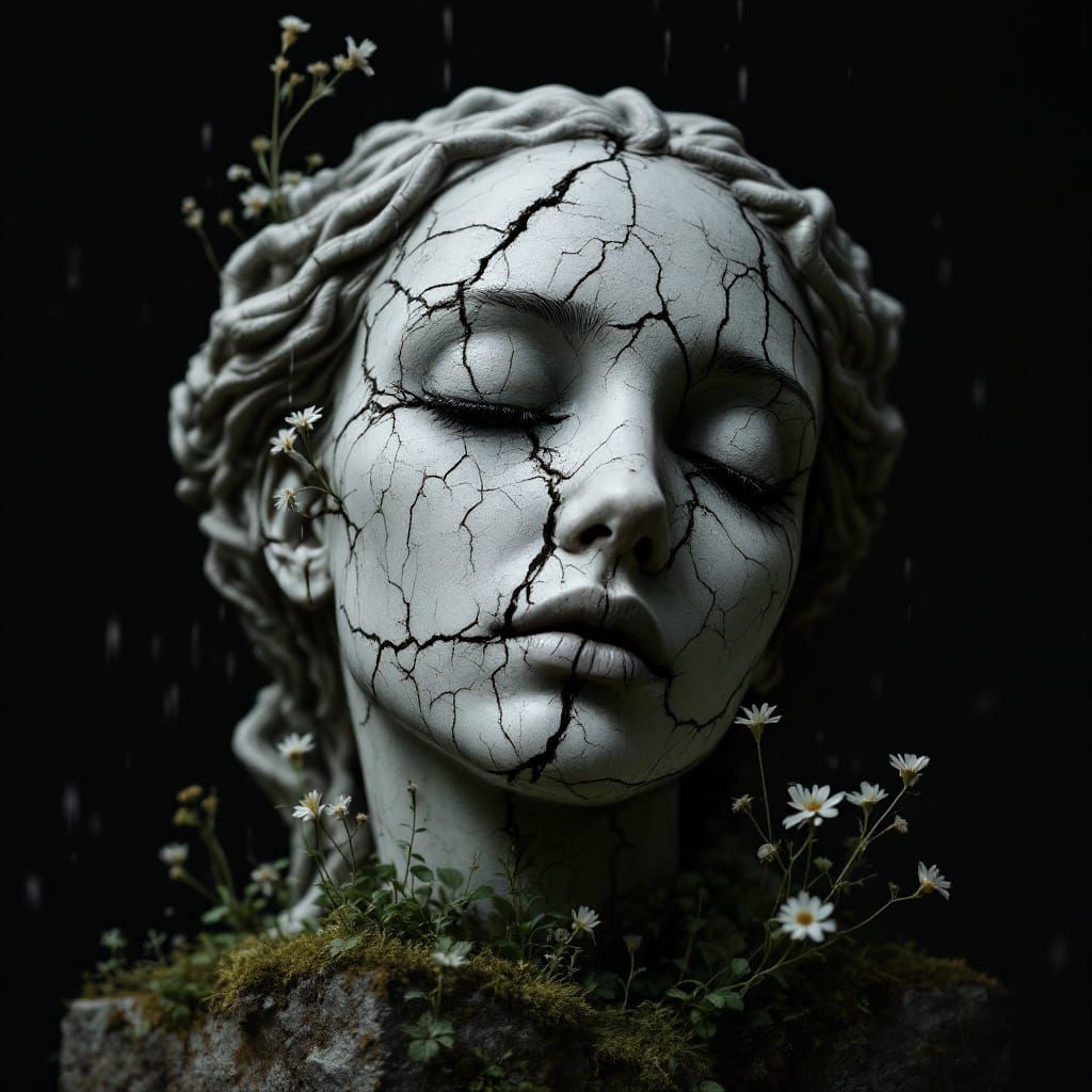 Melancholic Cracked Sculpture with Blooming Wildflowers