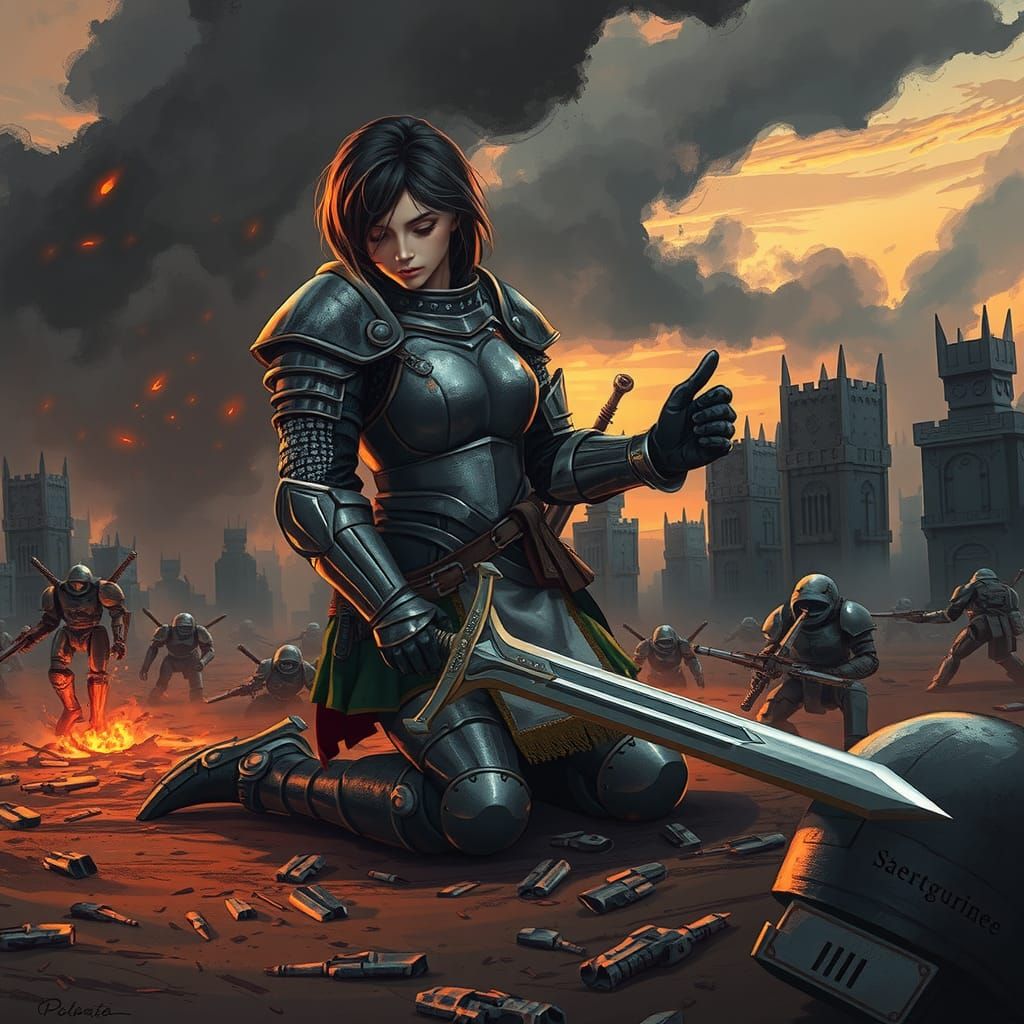 Anime Mecha Knight on Battlefield at Sunset