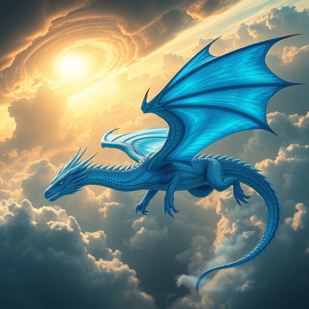 Ethereal Blue Dragon soars through Stormy Skies