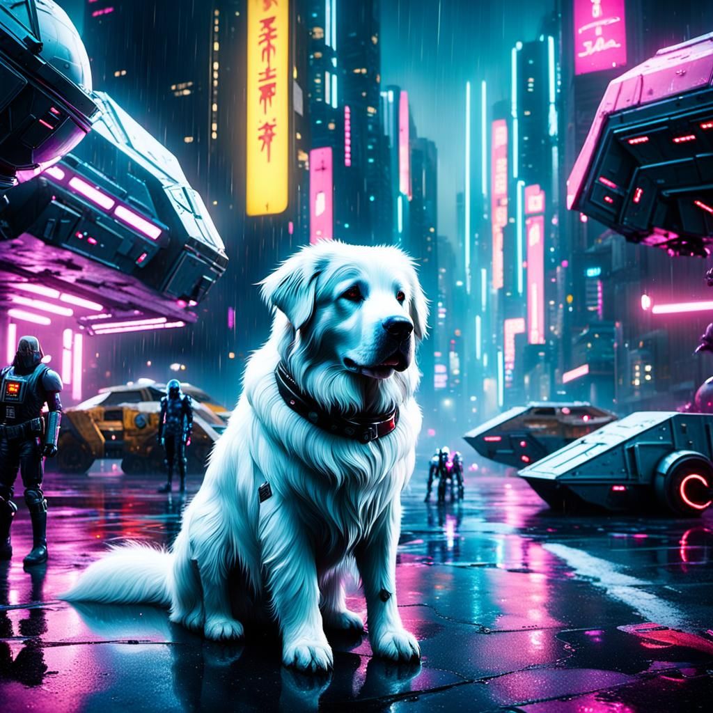 Great Pyrenees in Cyberpunk 2099 Film Still
