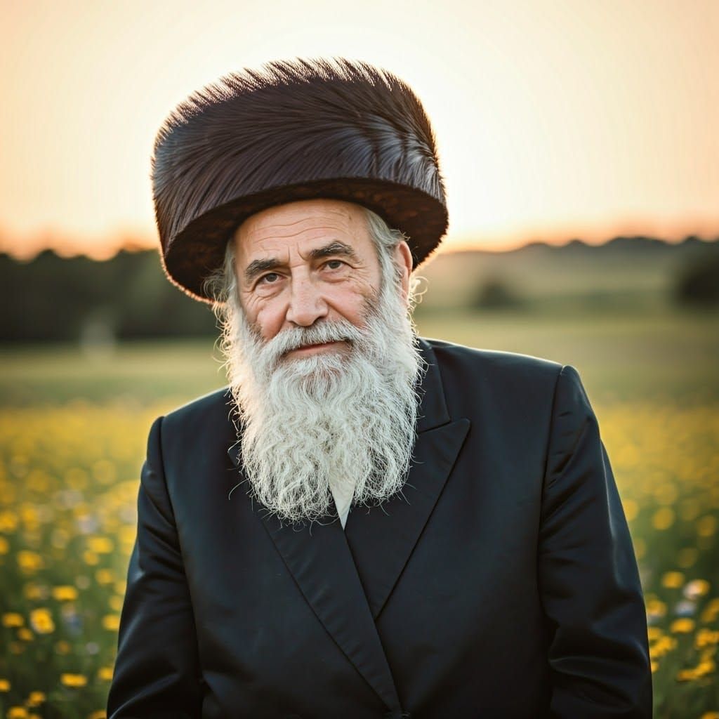 Elderly Hasidic Man in Field of Wildflowers at Sunset