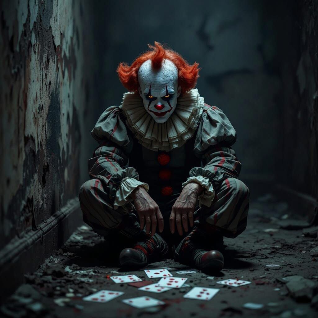 Sorrowful Clown in Dimly Lit Decaying Room