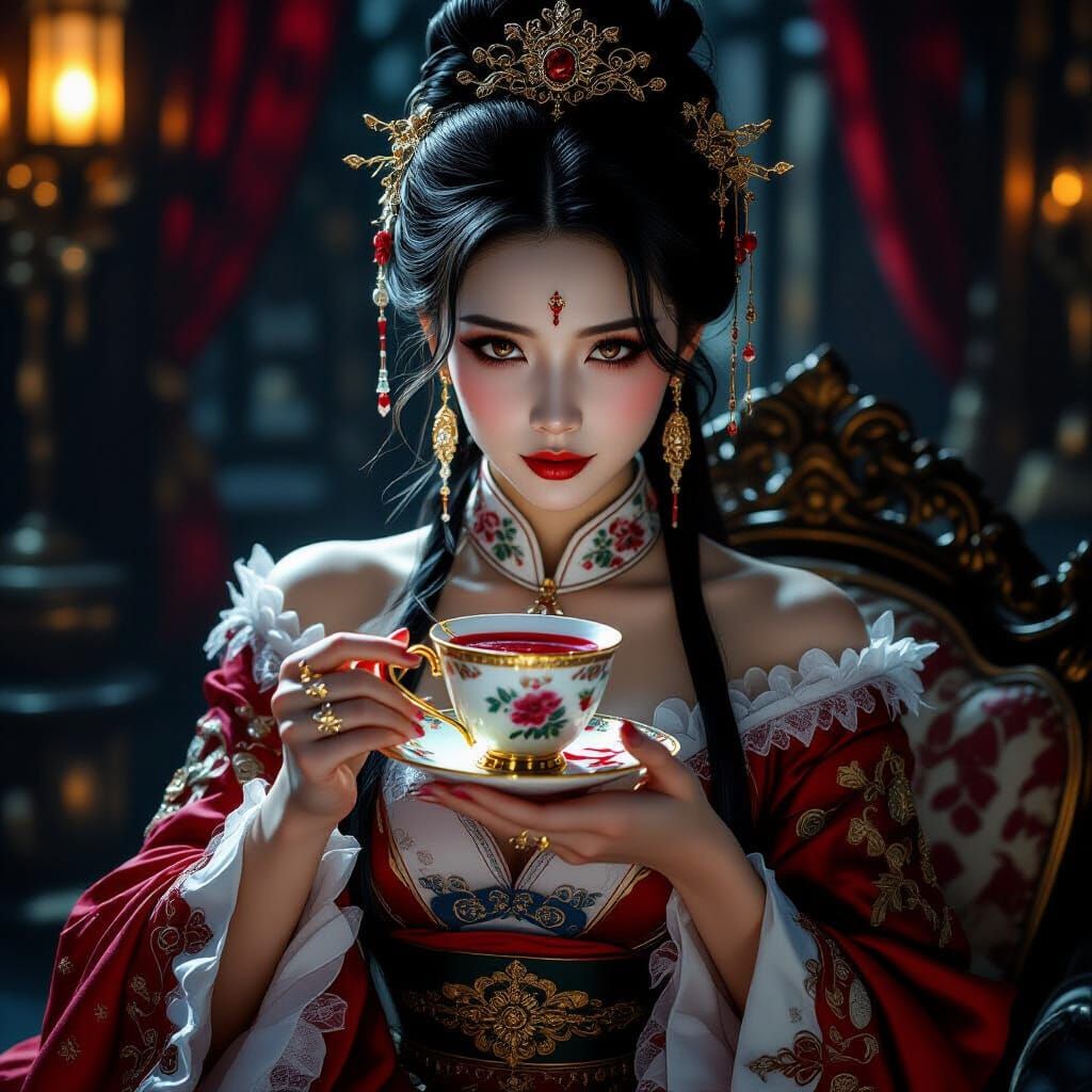Chinese Vampire in Hanfu with Teacup