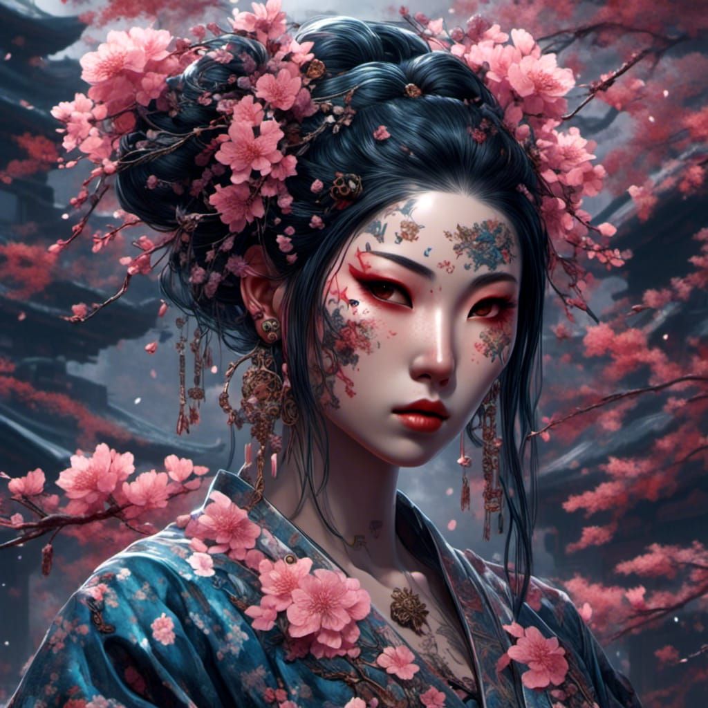 Tattooed Goth Girl with Hannya Mask and Sakura Flowers