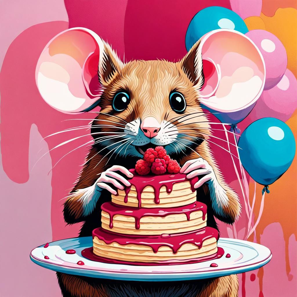 Happy Birthday Mouse with Pancake Cake, Abstract Art