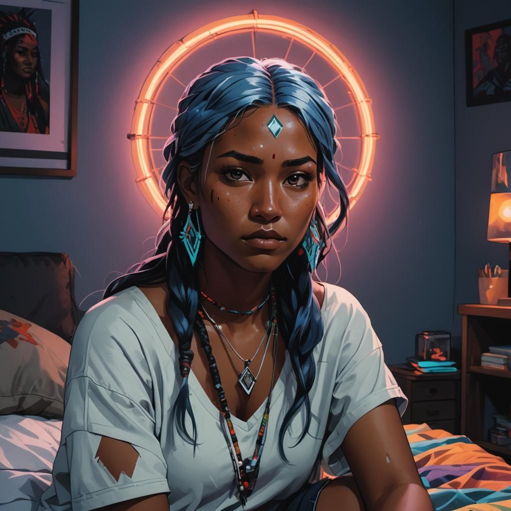 Native American Woman with Neon Hair: Webcomic Portrait