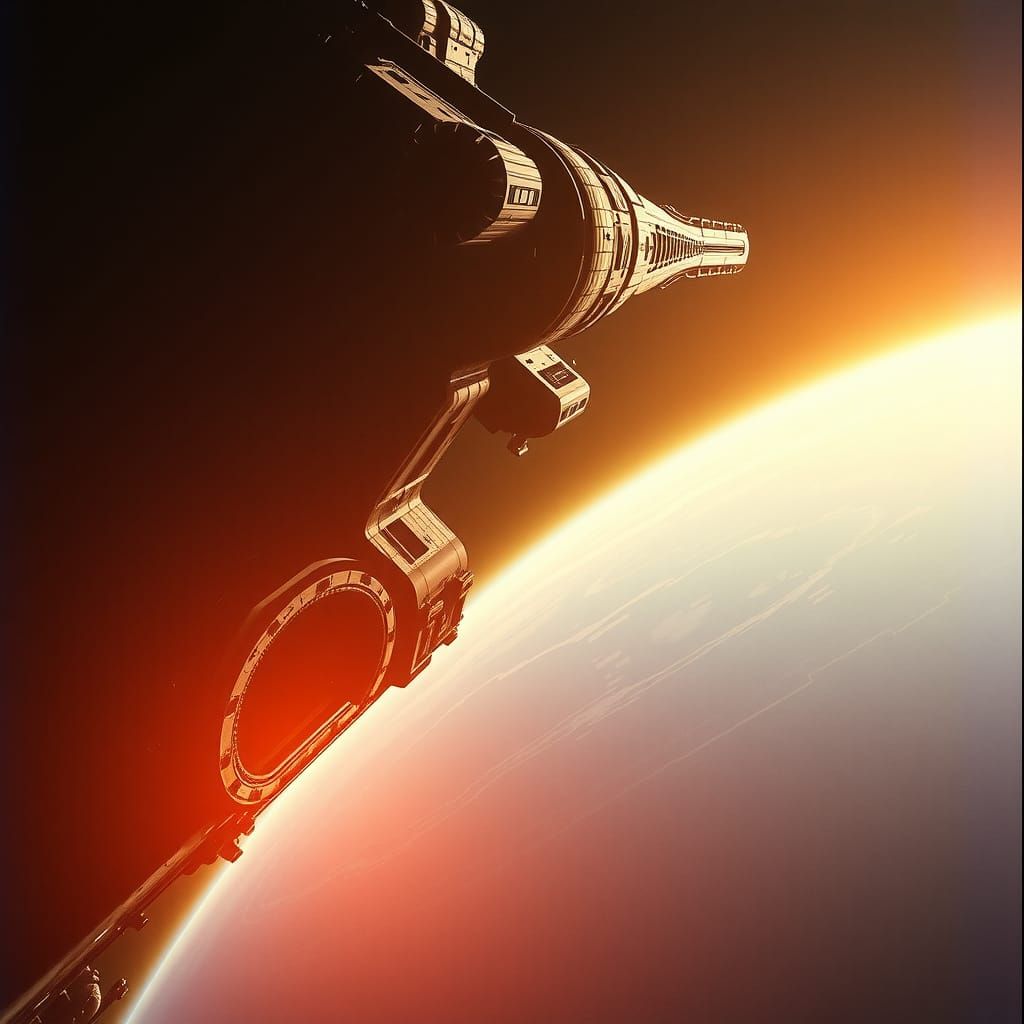 Monolithic Space Station Orbiting Azure Planet